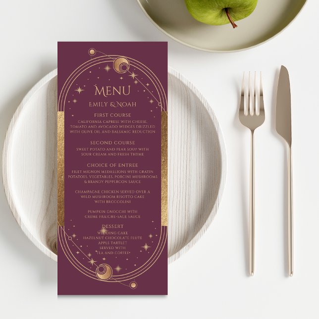 Mystical Plum Gold Sun Moon Astronomy Wedding Menu (Creator Uploaded)