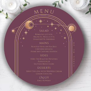 Mystical Plum Gold Sun Moon Stars Space Wedding Menu