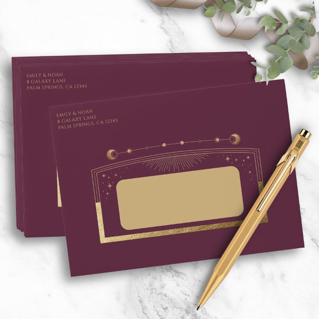 Mystical Plum Gold Sun Moon Stars Wedding Envelope (Creator Uploaded)