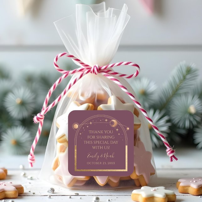 Mystical Plum Gold Sun Moon Stars Wedding Square Sticker (Creator Uploaded)