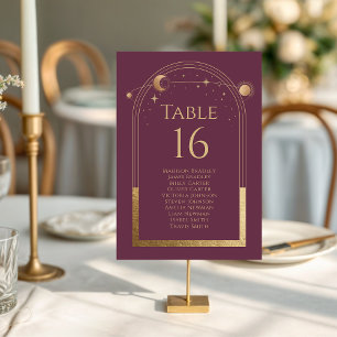 Mystical Plum Gold Sun Moon Stars Wedding Table Number