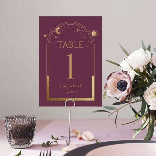 Mystical PlumGold Sun Moon Astronomy Wedding Table Number (Creator Uploaded)