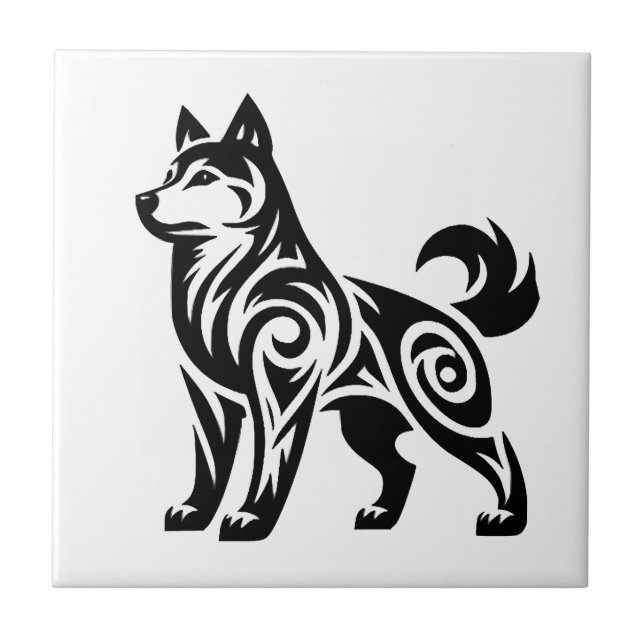 Mystical Powerful Tribal Husky Dog Ceramic Tile (Front)