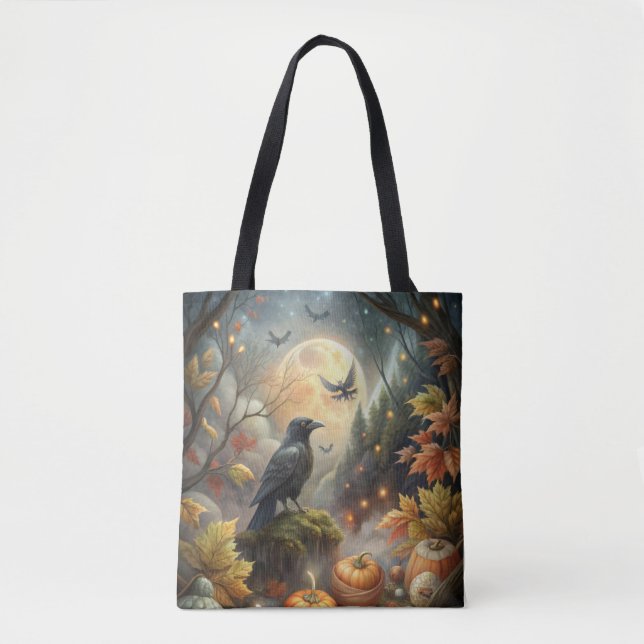 Mystical Pumpkin Raven – Fall Forest Magic Tote Bag (Front)
