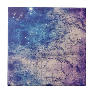 Mystical Purple Celestial World Map Ceramic Tile