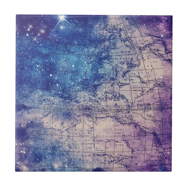 Mystical Purple Celestial World Map Ceramic Tile (Front)