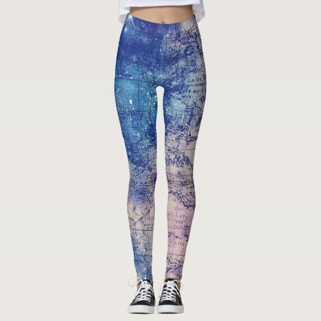 Mystical Purple Celestial World Map Leggings (Front)