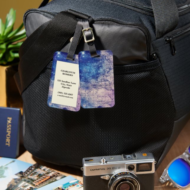 Mystical Purple Celestial World Map Luggage Tag (Front & Back)