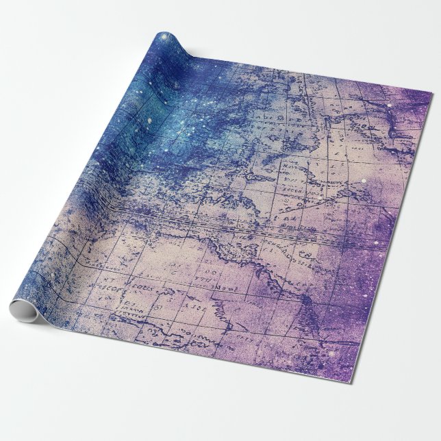 Mystical Purple Celestial World Map Wrapping Paper (Unrolled)