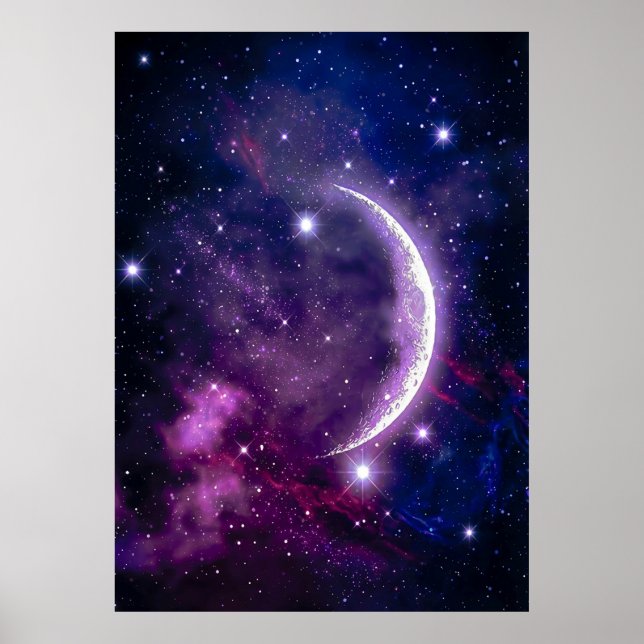 Mystical Purple Cosmic Crescent Moon Nebula Poster (Front)