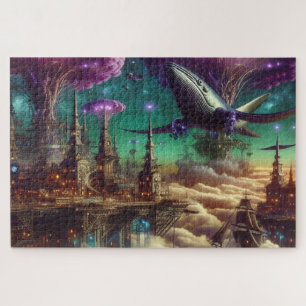 Mystical Purple Futuristic Fantasy City Jigsaw Puzzle