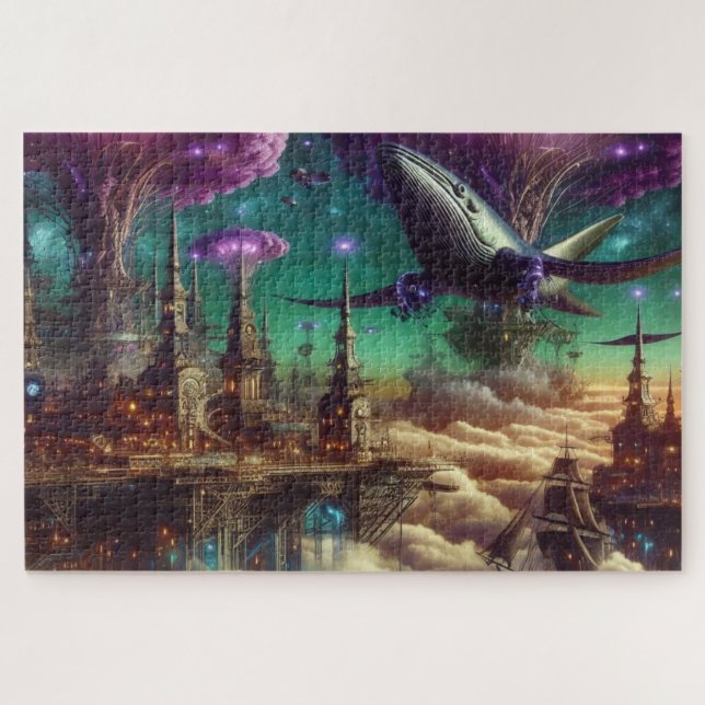 Mystical Purple Futuristic Fantasy City Jigsaw Puzzle (Horizontal)