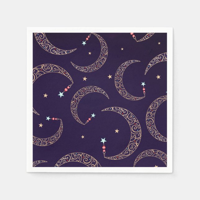 Mystical Purple Gold Filigree Moon Celestial Party Napkin (Front)