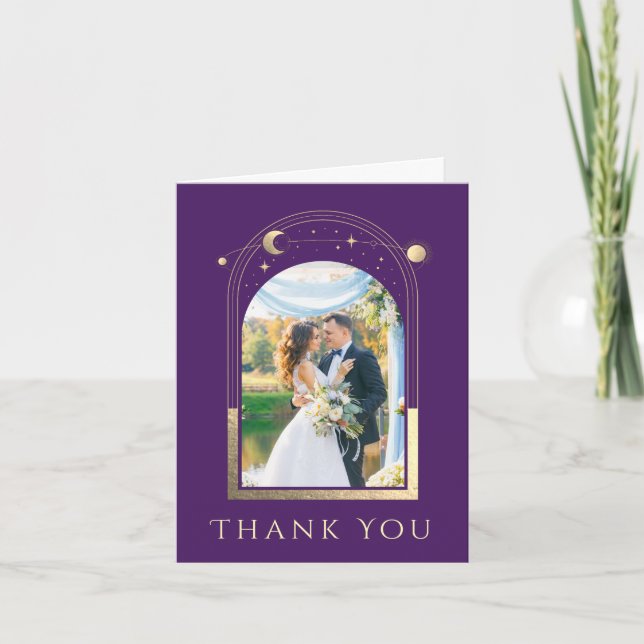 Mystical Purple Gold Sun Moon Stars Photo Wedding Thank You Card (Front)