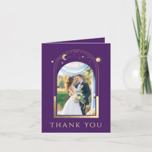 Mystical Purple Gold Sun Moon Stars Photo Wedding Thank You Card