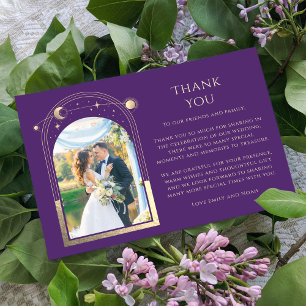 Mystical Purple Gold Sun Moon Stars Photo Wedding Thank You Card