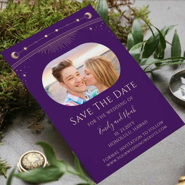 Mystical Purple Gold Sun Moon Stars Space Save The Date (Creator Uploaded)