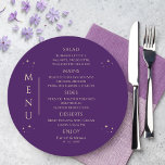 Mystical Purple Gold Sun Moon Stars Space Wedding Menu<br><div class="desc">Mystical Purple Gold Sun Moon Stars Space Wedding Menu Cards features simple gold stars on a purple background with your menu details in the centre in modern gold calligraphy script. Personalise by editing the text in the text boxes provided. Designed for you by Evco Studio © at www.zazzle.com/store/evcostudio</div>