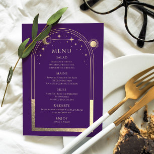 Mystical Purple Gold Sun Moon Stars Wedding Menu