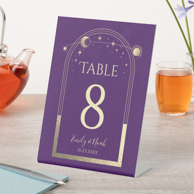 Mystical Purple Gold Sun Moon Stars Wedding Pedestal Sign (In SItu)