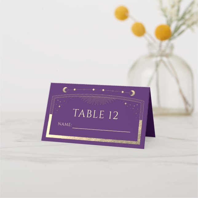 Mystical Purple Gold Sun Moon Stars Wedding Place Card (Front)