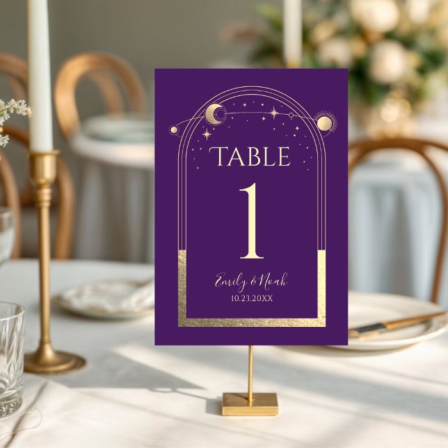 Mystical Purple Gold Sun Moon Stars Wedding Table Number (Creator Uploaded)