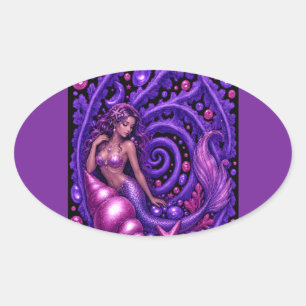 Mystical Purple Mermaid Fantasy Art   Magical Ocea Oval Sticker