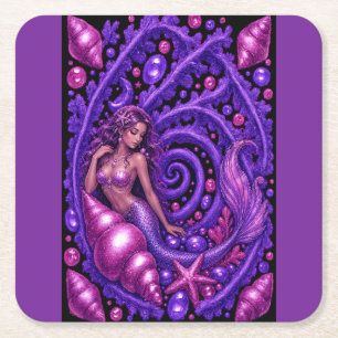 Mystical Purple Mermaid Fantasy Art Magical Ocea Square Paper Coaster