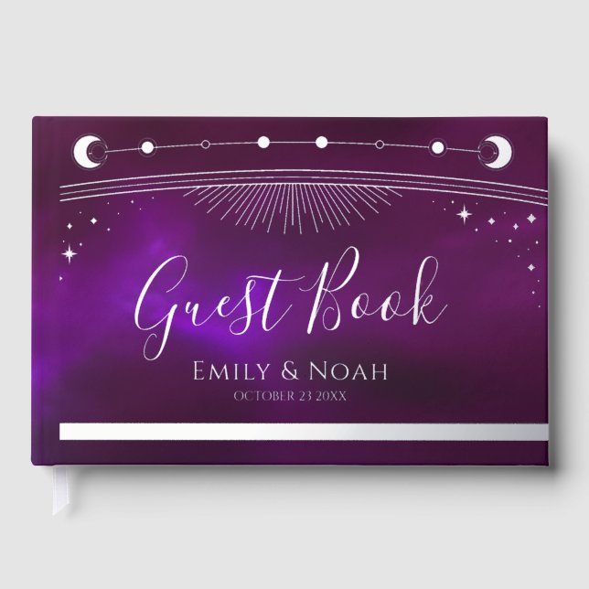Mystical Purple Teal Sun Moon Stars Wedding Guest Book (Front)