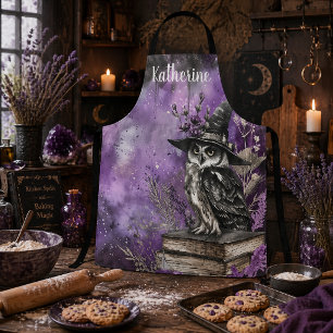 Mystical Purple Witchy Owl Art Custom Name Apron