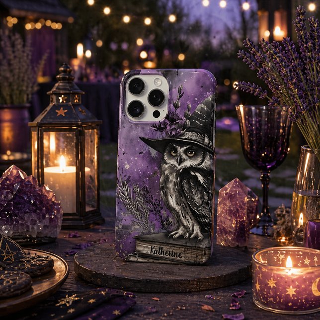 Mystical Purple Witchy Owl Art Custom Name iPhone Case (Creator Uploaded)