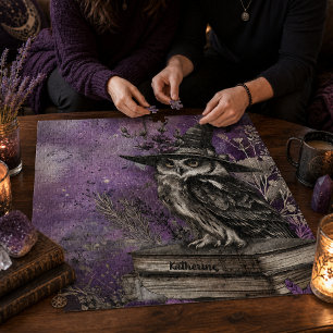 Mystical Purple Witchy Owl Art Custom Name Jigsaw Puzzle