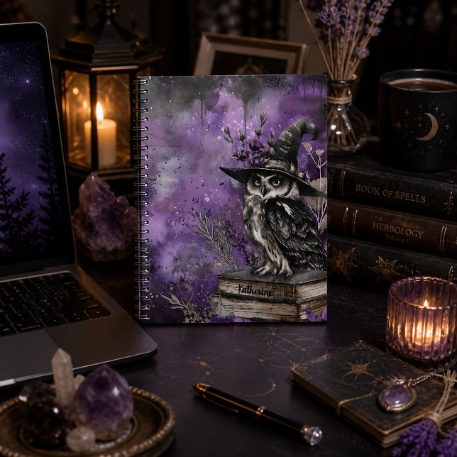 Mystical Purple Witchy Owl Art Custom Name Notebook (Creator Uploaded)