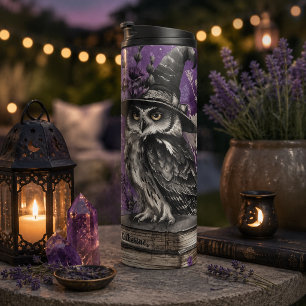 Mystical Purple Witchy Owl Art Custom Name Thermal Tumbler