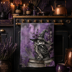 Mystical Purple Witchy Owl Art Tea Towel