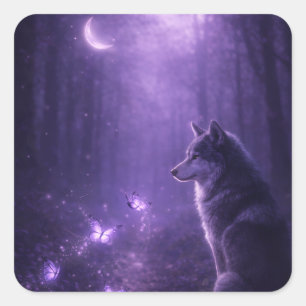 Mystical Purple Wolf Sticker with Moon and Glowing