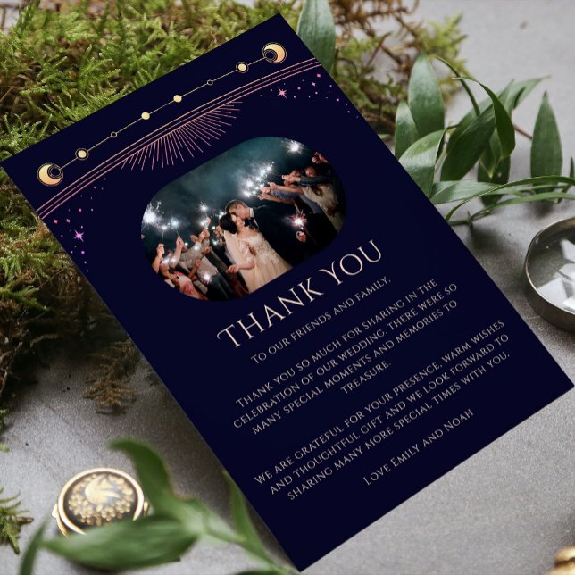Mystical Rainbow Blue Sun Moon Star Photo Wedding Thank You Card (Creator Uploaded)