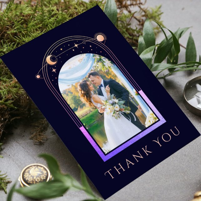 Mystical Rainbow Blue Sun Moon Stars Photo Wedding Thank You Card (Creator Uploaded)