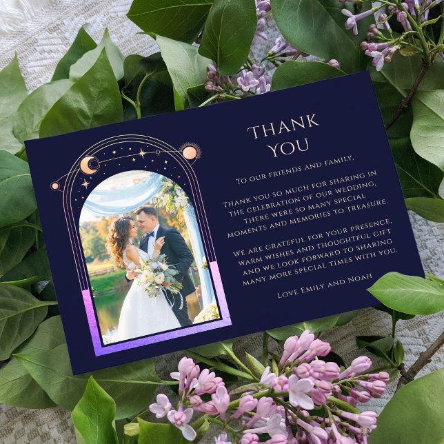 Mystical Rainbow Blue Sun Moon Stars Photo Wedding Thank You Card (Creator Uploaded)