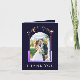 Mystical Rainbow Blue Sun Moon Stars Photo Wedding Thank You Card