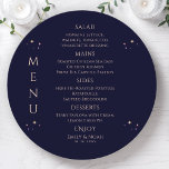 Mystical Rainbow blue Sun Moon Stars Space Wedding Menu<br><div class="desc">Mystical Rainbow Dark Navy Blue Sun Moon Stars Space Cosmic Astronomy Celestial Wedding Menu Cards features simple gold stars on a dark navy blue background with your menu details in the centre in modern peach calligraphy script. Personalise by editing the text in the text boxes provided. Designed by ©2024 Evco...</div>