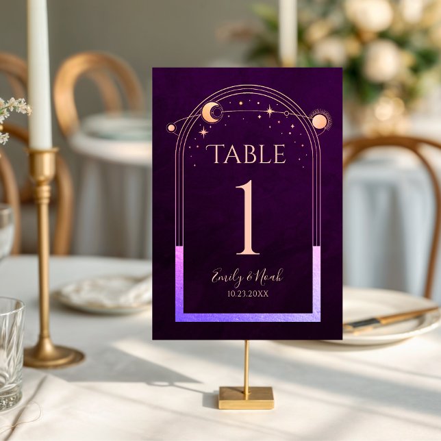 Mystical Rainbow Deep Plum Sun Moon Stars Wedding Table Number (Creator Uploaded)