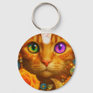 Mystical Rainbow Eyed Cat Floral Dream Key Ring