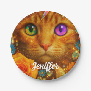 Mystical Rainbow Eyed Cat Floral Dream Paper Plate