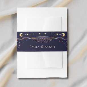 Mystical Rainbow Navy Blue Sun Moon Stars Wedding Invitation Belly Band
