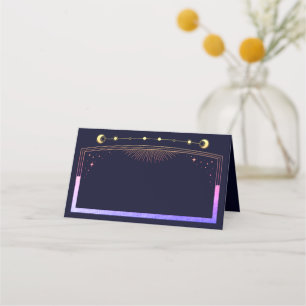 Mystical Rainbow Navy Blue Sun Moon Stars Wedding Place Card
