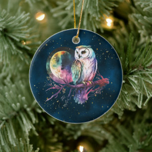 Mystical Rainbow Owl and Full Moon Celestial Ceramic Ornament