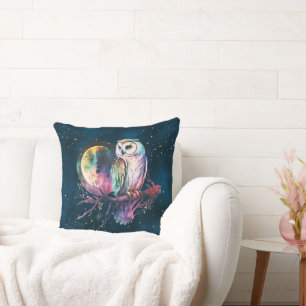 Mystical Rainbow Owl and Full Moon Celestial Cushion