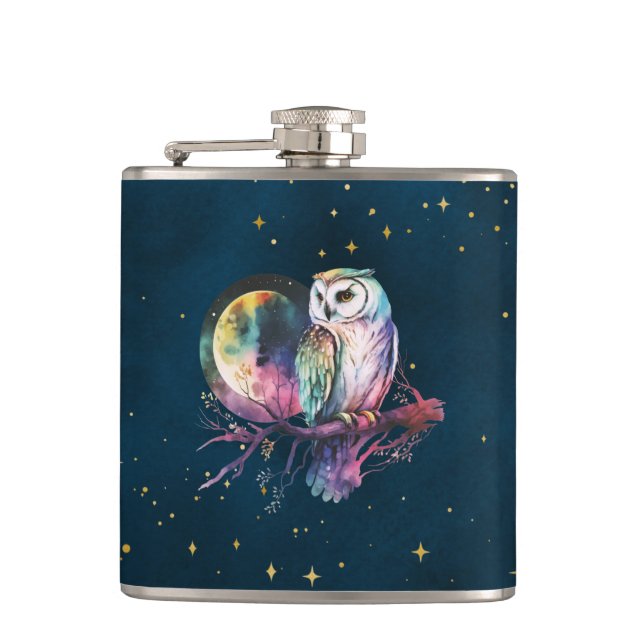 Mystical Rainbow Owl and Full Moon Celestial Hip Flask (Front)