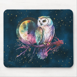Mystical Rainbow Owl and Full Moon Celestial Mouse Pad